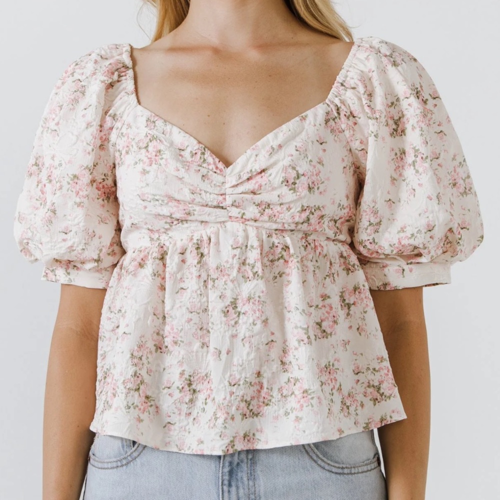 English Factory Textured Floral Puff Sleeve Top Cottage Core Size Medium